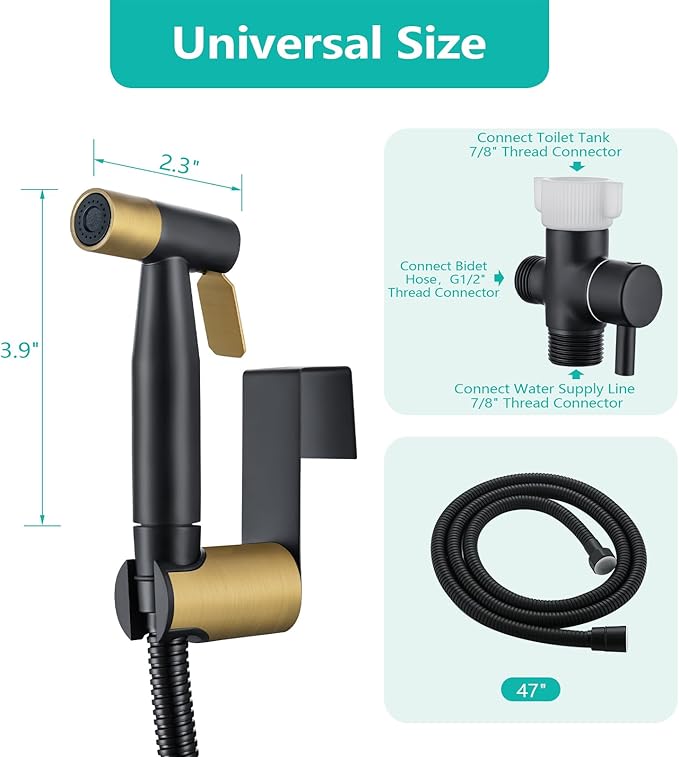 BARROCK Handheld Bidet Sprayer for Toilet, Stainless Steel Metal Made Baby Cloth Diaper Spraying Kit, Bathroom Toilet Bidet Attachment Set for Bathing Pets and Feminine Washing,Matte Black and Gold