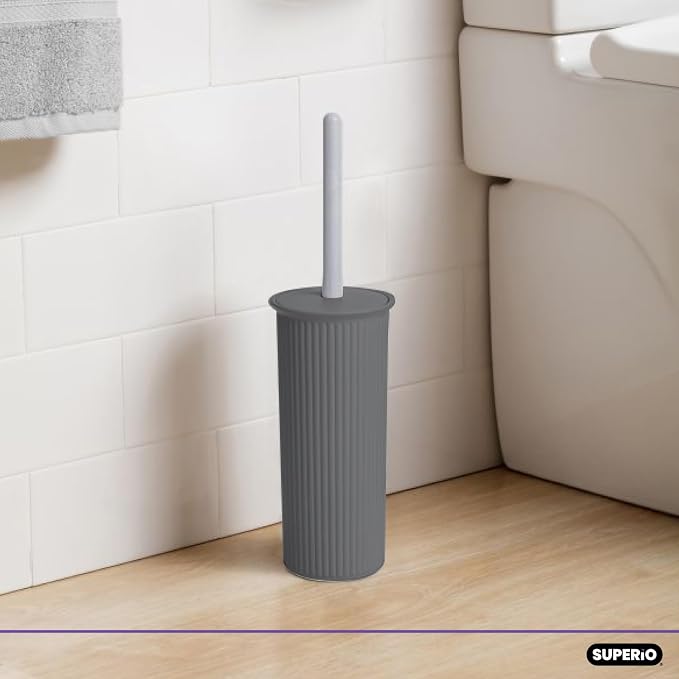 Superio Ribbed Collection Toilet Bowl Brush and Holder Set, Decorative Plastic Bathroom Toilet Brush with Holder, Toilet Cleaner Scrubber, Gray - 1 Pack