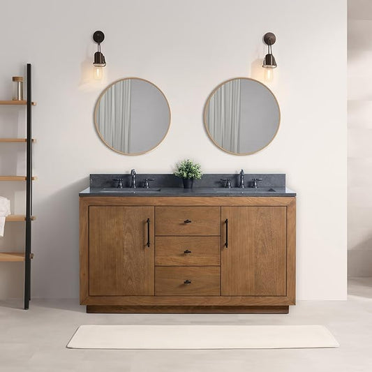 Vanity Art 60 inch Double Sink Bathroom Vanity, Solid Poplar Wood, Vanity Cabinet with Doors and Shelf, Modern Wood Bathroom Vanity with Black Marble Top, 3 Functioning Drawers, VA70-60-DT-B