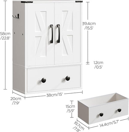 Bathroom Wall Cabinet, Medicine Cabinet with Fabric Drawer, Double-Door Wall Mounted Storage Cabinet, 2 Hooks, Over The Toilet Space Saver Storage Cabinet, for Bathroom, Kitchen, White