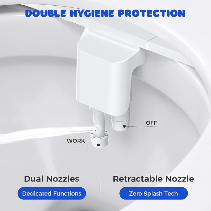 Bidet Attachment for Toilet Seat, Non-Electric Cold Water Bidet with Pressure Controls, Dual Nozzles for Frontal & Rear Wash, Retractable Self-Cleaning for Female & Old- White
