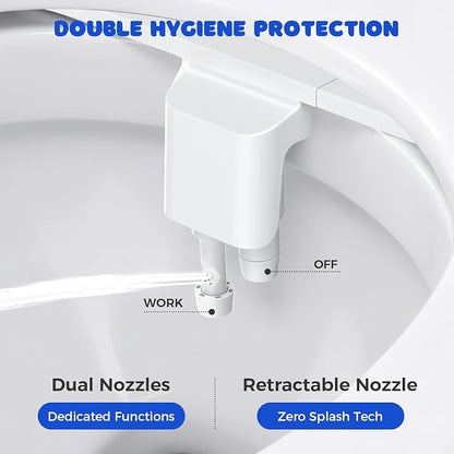 Bidet Attachment for Toilet Seat, Non-Electric Cold Water Bidet with Pressure Controls, Dual Nozzles for Frontal & Rear Wash, Retractable Self-Cleaning for Female & Old- White