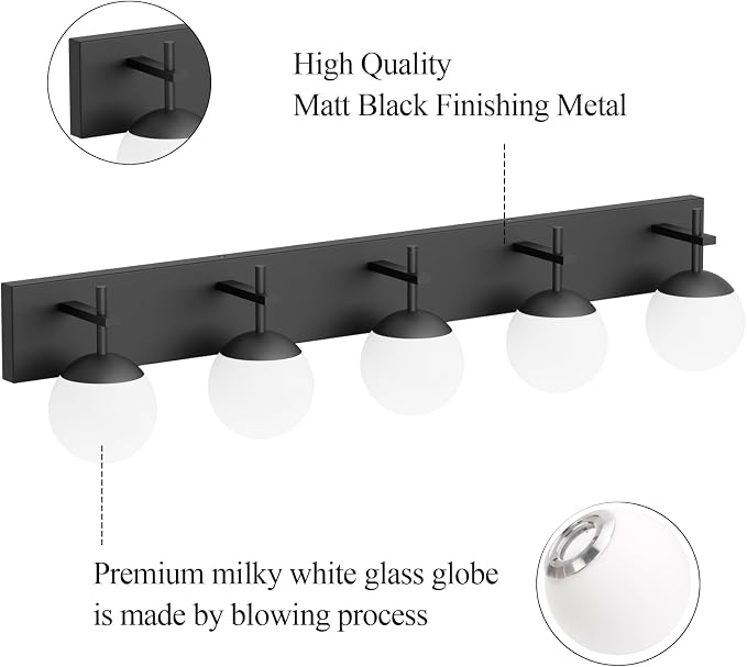 Ralbay Mid Century Modern Vanity Light 5-Light Matte Black Bathroom Wall Lighting Fitures Black Milky Glass Globe Vanity Light for Bathroom (Exclude Bulb)