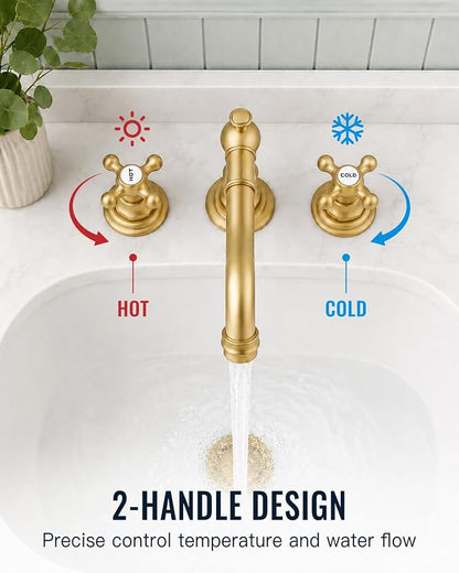 gotonovo Bathroom Faucet 3 Hole Vintage, Brushed Gold, Hot Cold Label | Widespread Bathroom Sink Faucet 8 Inch 2 Cross Handles,Pop Up Drain,cUPC Supply Line,4-15.7” Install,for Vanity Farmhouse RV