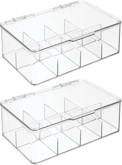 mDesign Plastic Divided First Aid Storage Box Kit with Hinge Lid for Bathroom, Kitchen, Cabinet, Closet - Organize Medicine, Ointments, Adhesive Bandages, Dental - 8 Sections, 2 Pack - Clear