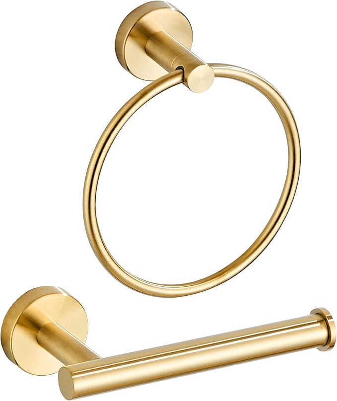 Gold Toilet Paper Holder, Brushed Gold Towel Ring, Hand Towel Holder Toilet Paper Roll Holder Wall Mount Bathroom Accessories, Modern SUS 304 Stainless Steel Bathroom 2 Set