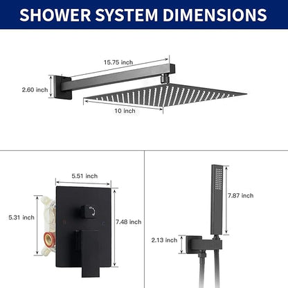 BWE Black Shower Faucet 10 Inch Square Luxury Rain Mixer Shower System Sets Complete 2-Functions Pressure Balancing Wall Mount Rainfall Rough-in Valve Body and Trim Included