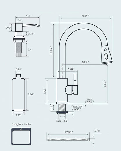 FORIOUS Kitchen Faucet with Soap Dispenser, Brushed Nickel, Single Handle Stainless Steel Transitional Sink Faucet with Pull Down Sprayer 1 or 3 Hole, Suitable for Farmhouse Laundry Camper RV Bar