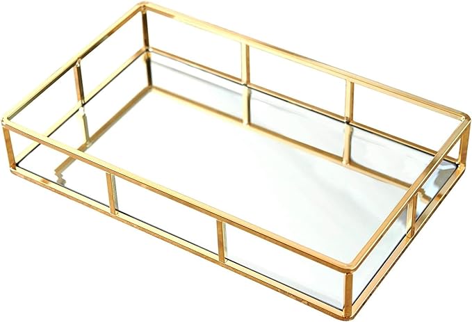 PuTwo Tray Mirror, Gold Dresser Ornate Tray Metal Decorative Tray Jewelry Perfume Organizer Makeup Tray for Vanity, Dresser, Bathroom, Bedroom | Gold Tray Jewelry Perfume Organizer Makeup Tray for Vanity Dresser Bathroom Bedroom