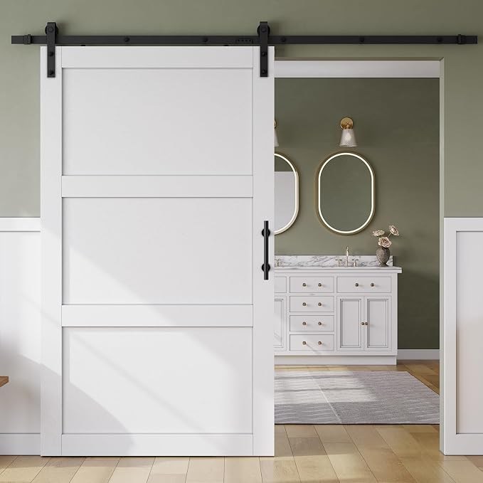 SMARTSTANDARD 48in x 84in Sliding Barn Door with 8FT Hardware Track,3 Panel | Waterproof PVC Surface, Pre-Drilled Holes Easy to Assemble, White, Solid, MDF