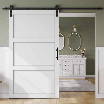 SMARTSTANDARD 48in x 84in Sliding Barn Door with 8FT Hardware Track,3 Panel | Waterproof PVC Surface, Pre-Drilled Holes Easy to Assemble, White, Solid, MDF