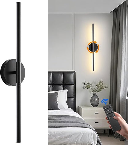 24" Black Battery Operated Wall Sconce, Remote & Touch Control | 3000K-6000K Dimmable LED Rechargeable Wall Light, Wireless Sconces wall Decor with Timer, Wall Lamp for Bedroom, Living Room