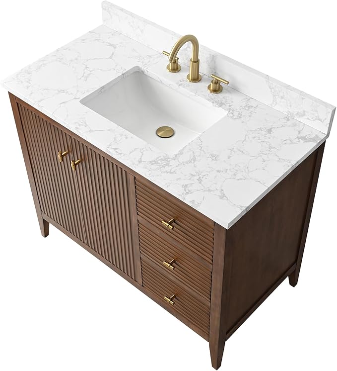 HOMEBEYOND 42" Bathroom Vanity with Sink, Solid Wood Bathroom Vanity Free-Standing Cabinet, Drawers, Ceramic Top & Soft Closing Door, Golden Brushed Handware, Walnut