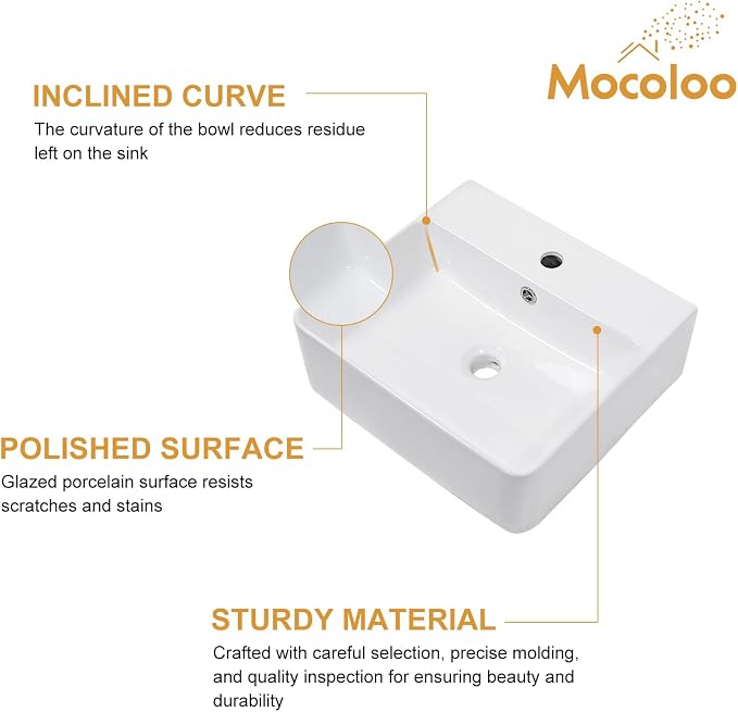 Mocoloo 18"x16" Wall Mounted Bathroom Sink White Rectangle Porcelain ADA Compliant Ceramic Bathroom Sinks Floating Vanity Sink for Lavatory Room Basin