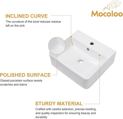 Mocoloo 18"x16" Wall Mounted Bathroom Sink White Rectangle Porcelain ADA Compliant Ceramic Bathroom Sinks Floating Vanity Sink for Lavatory Room Basin