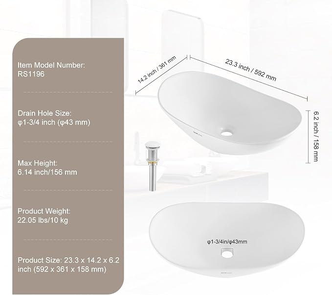VEVOR Oval Vessel Sink with Bathroom Sink Drain, 23.3" x 14.2" Bathroom Vessel Sink Bowl Countertop, White Ceramic Bathroom Sinks Above Counter,Well-Packaged for Bathroom, Hotel, Toilet, RV