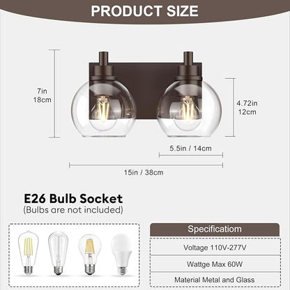 IZORRO Bathroom Light Fixtures, 2-Light Oil Rubbed Bronze Vanity Light, Modern Wall Sconces with Globe Clear Glass Shade, Vanity Lighting Fixtures Over Mirror,E26 Bulb Socket
