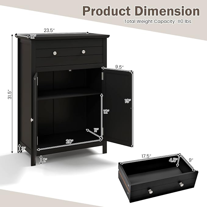 Giantex Bathroom Storage Cabinet with Drawer - Floor Cabinet with Doors, Adjustable Shelf, Storage Organizer for Entryway, Kitchen, Living Room, Freestanding Cupboard (Black)