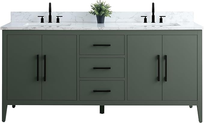 Vanity Art 72 inch Bathroom Vanity with Double Sink & Ceramic Top, Vanity Cabinet with Soft-Closing Doors, Drawers, Solid Wood Frame, Vintage Green, Matte Black Handware