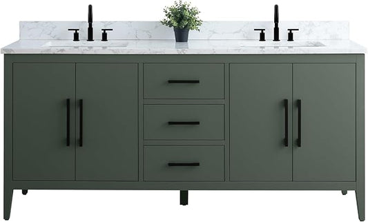 Vanity Art 72 inch Bathroom Vanity with Double Sink & Ceramic Top, Vanity Cabinet with Soft-Closing Doors, Drawers, Solid Wood Frame, Vintage Green, Matte Black Handware