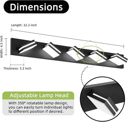 OKELI 5-Light Bathroom Vanity Light Black Modern LED Vanity Light Over Mirror Dimmable Mirror Front Lamp with 350° Adjustable Lamp Head ETL Listed 36W 6000K Cold White