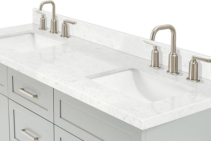 ARIEL Hamlet 66-inch Bathroom Vanity with Sink,Solid Wood, 1.5-inch Carrara White Quartz Countertop & Backsplash, Double Rectangular Porcelain Sink, 4 Soft Closing Doors, 3 Dovetail Drawers, Grey