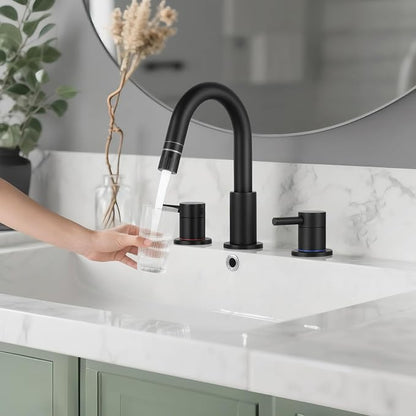 8 Inch Pull Down Bathroom Faucet 3 Hole,Black Bathroom Sink Faucet | Stainless Steel,Pull Down Sprayer,3 hole Widespread,with Pop-up Drain,Water Supply Hoses,Two Water Flow Modes, Black