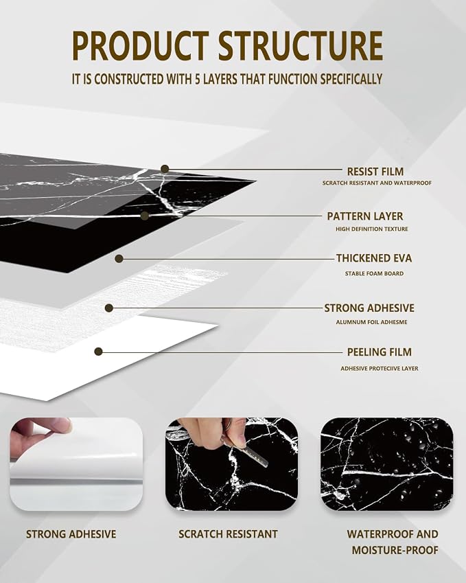 10 Sheets Marble Peel and Stick Backsplash Tile, 12"x12" Waterproof PVC Self Adhesive Tile Shower Wall Panels for Bathroom, Kitchen, Living Room (Black White)