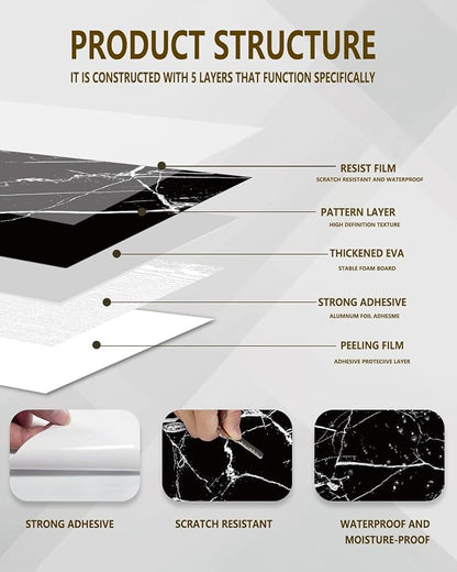 10 Sheets Marble Peel and Stick Backsplash Tile, 12"x12" Waterproof PVC Self Adhesive Tile Shower Wall Panels for Bathroom, Kitchen, Living Room (Black White)