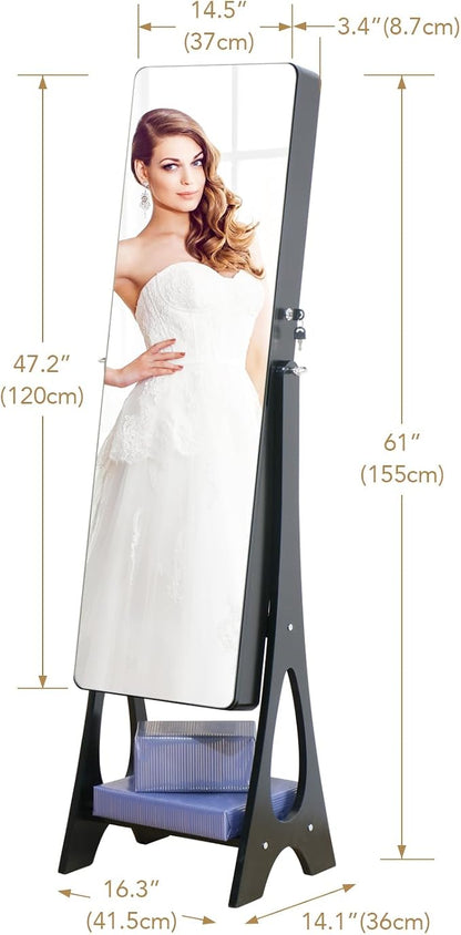 Standing Mirror Jewelry Cabinet Full Length Mirror Jewelry Armoire | JeJewelry Organizer Lockable Jewelry Storage for Women Girl Frameless LED Lights 6 Drawers Blac