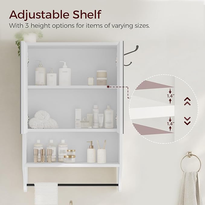 Bathroom Wall Cabinet with Mirror, Medicine Cabinet with 2 Door and Adjustable Shelf, Wall Mounted Over The Toilet Storage Cabinet for Bathroom Laundry Room Kitchen, 18.9"W x 26.2"H, White