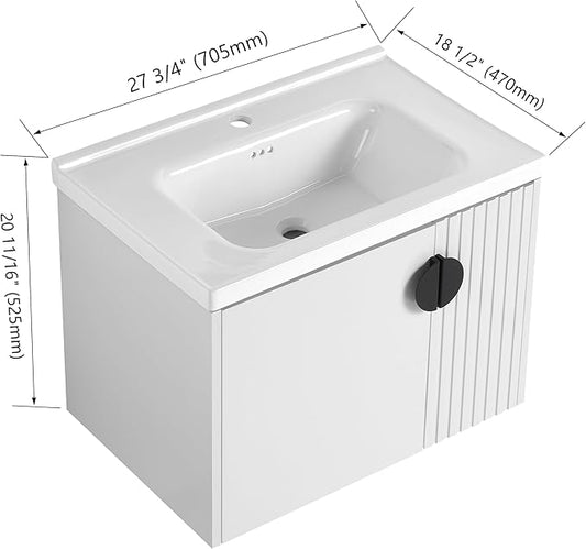 SSLine 28" Wall-Mount Bathroom Vanity Modern Floating Bathroom Vanity Set with Ceramic Sink Basin & Storage Cabinet 28-Inch Luxury White Small Bathroom Vanities with Round Metal Handles