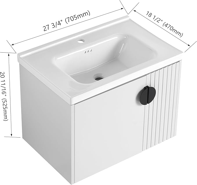 Malwee 28" Floating Bathroom Vanity with Sink, 28 Inch Single Sink Wall Mounted Bathroom Vanity, with 2 Doors and White Ceramic Basin Top, White Cabinet Set with 3 Color Handles(081-28)