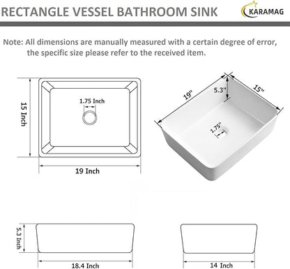 Bathroom Vessel Sink Rectangle-KARAMAG 19x15 Inch Bathroom Sink Countertop Rectangular 19 Inch Modern Above Counter White Porcelain Ceramic Vessel Vanity Sink Art Basin
