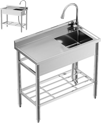 Garvee Stainless Steel Utility Sink, Commercial Kitchen Single Bowl Sink with Cold and Hot Water Faucet, Hoses and Drain Kit, Storage Shelf for Kitchens, Bathrooms, Garage, Laundry Room