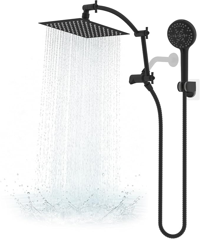 Hibbent Metal 8" High Pressure Rain Shower Head Combo, Oil-Rubbed Bronze | cUPC Certified Rainfall Shower Head with handheld 10 Sprays, 16'' Adjustable Extension Arm, 71'' Hose, Showerhead Holder