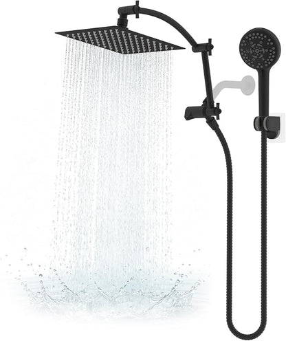 Hibbent All Metal 8" High Pressure Rain Shower Head Combo, Matte Black | cUPC Certified Rainfall Shower Head with handheld 10 Sprays, 16'' Adjustable Extension Arm, 71'' Hose, Showerhead Holder