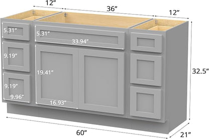 60 Inch Bathroom Vanity Base Only, Single Vanity Cabinet with 5 Dove-Tailed Drawers, Soft-Closing Doors, Gray, Without Top,Small