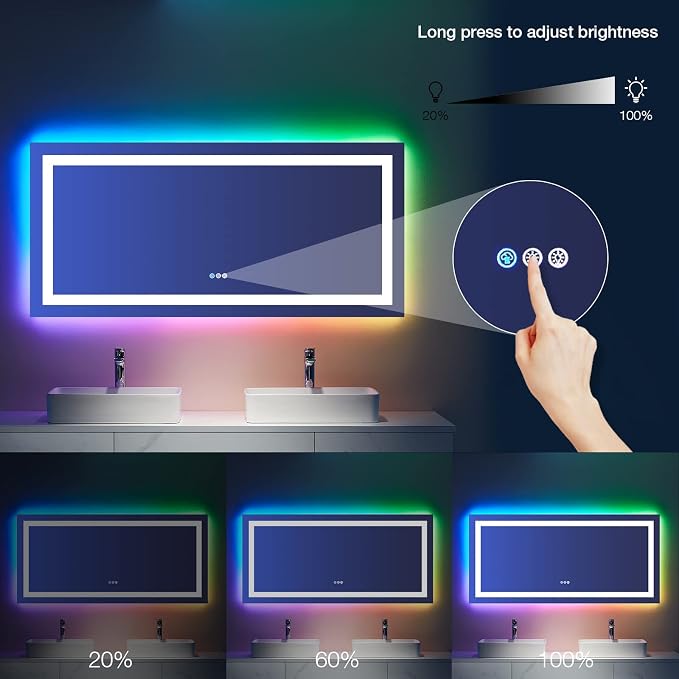 LOAAO 60"X30" RGB LED Bathroom Mirror with Lights, UL Listed | Anti-Fog, Dimmable, RGB Backlit + Front Lighted, Memory Function, Tempered Glass