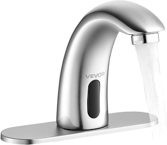 VEVOR Touchless Bathroom Sink Faucet, Automatic Motion Sensor Restroom Toilet Faucet with Hole Cover Plate, Battery Operated,Adjustable Temp for 9/16 in Pipe Commercial Lavatory,Brushed Nickel Silver