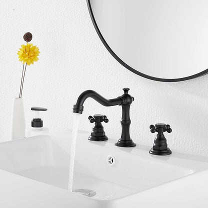 GGStudy Black Bathroom Faucet 2 Handles 3 Holes Faucet 8 inch Widespread Bathroom Sink Faucet Tap Mixer Supply Hose Included Matching Metal Pop Up Drain