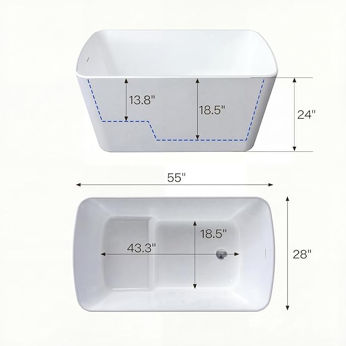 Small Freestanding Bathtub 55 inch, Acrylic Square Soaking Tub with Seat Design, Compact Stand Alone Tub for Small Bathroom with Chrome Drain & Overflow, cUPC Certified, Glossy White