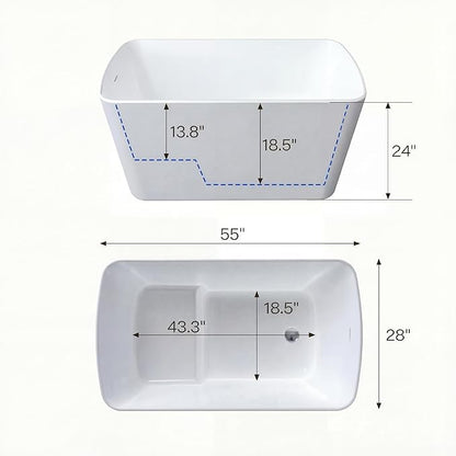 Small Freestanding Bathtub 55 inch, Acrylic Square Soaking Tub with Seat Design, Compact Stand Alone Tub for Small Bathroom with Chrome Drain & Overflow, cUPC Certified, Glossy White