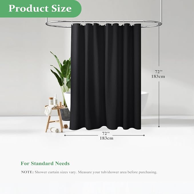 Waffle Shower Curtain 256 GSM Heavy Duty Fabric 72"x72" Black | Thick Textured Cloth, Weighted Hem, Water Repellent Washable, Hotel Luxury Polyester Shower Curtain Set for Bathroom 12 Hooks