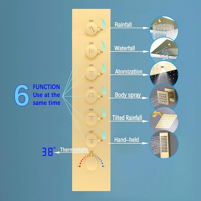 Enga Luxury Dual Shower Head System with Body Jets LED Thermostatic Shower System with 6 inch Wall Shower, 20-Inch 3 Function Shower Head (Rainfall & Mist & Waterfall), Brushed Gold