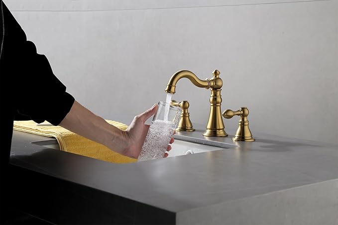 Two Handle Bathroom Sink Faucet 3 Hole Brushed Gold with Pop up Drain,High Arc Lavatory 8 Inch Widespread Bathroom Faucet, F-8805-BG