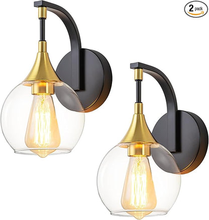 Black and Gold Wall Sconces Set of Two, Modern Wall Sconce Light | with Clear Glass Shade, Globe Wall Mounted Light Fixture for Bathroom, Living Room, Hallway, Bedroom, Bathroom