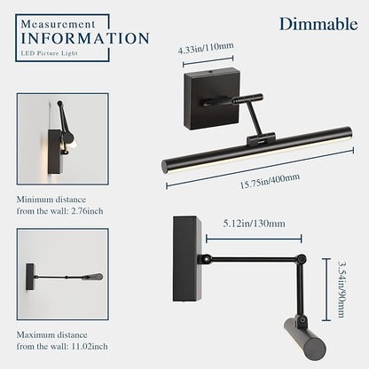Joossnwell LED Picture Lights for Paintings Dimmable 15.5 Inch Long Hard-Wired Art Lights for Paintings Black Gallery Light with Adjustable Swing Arm Artwork Display Lamps 7W 3000K Warm White