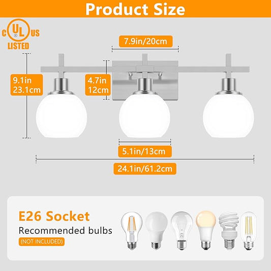 Modern Vanity Lighting Fixtures,3-Light Bathroom Lighting Fixtures Over Mirror，Brushed Nickel Wall Mounted Bathroom Vintage Lamp with Milky White Glass Lampshade for Living Room，Bedroom