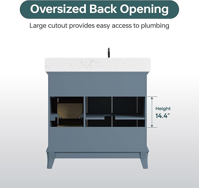 36 Inch Bathroom Vanity with Sink, Fully Assembled Bathroom Vanities with Quartz Countertop, 36 Vanity with Sink and Countertop, Soft Closing Doors & Dovetail Drawer, Steel Blue